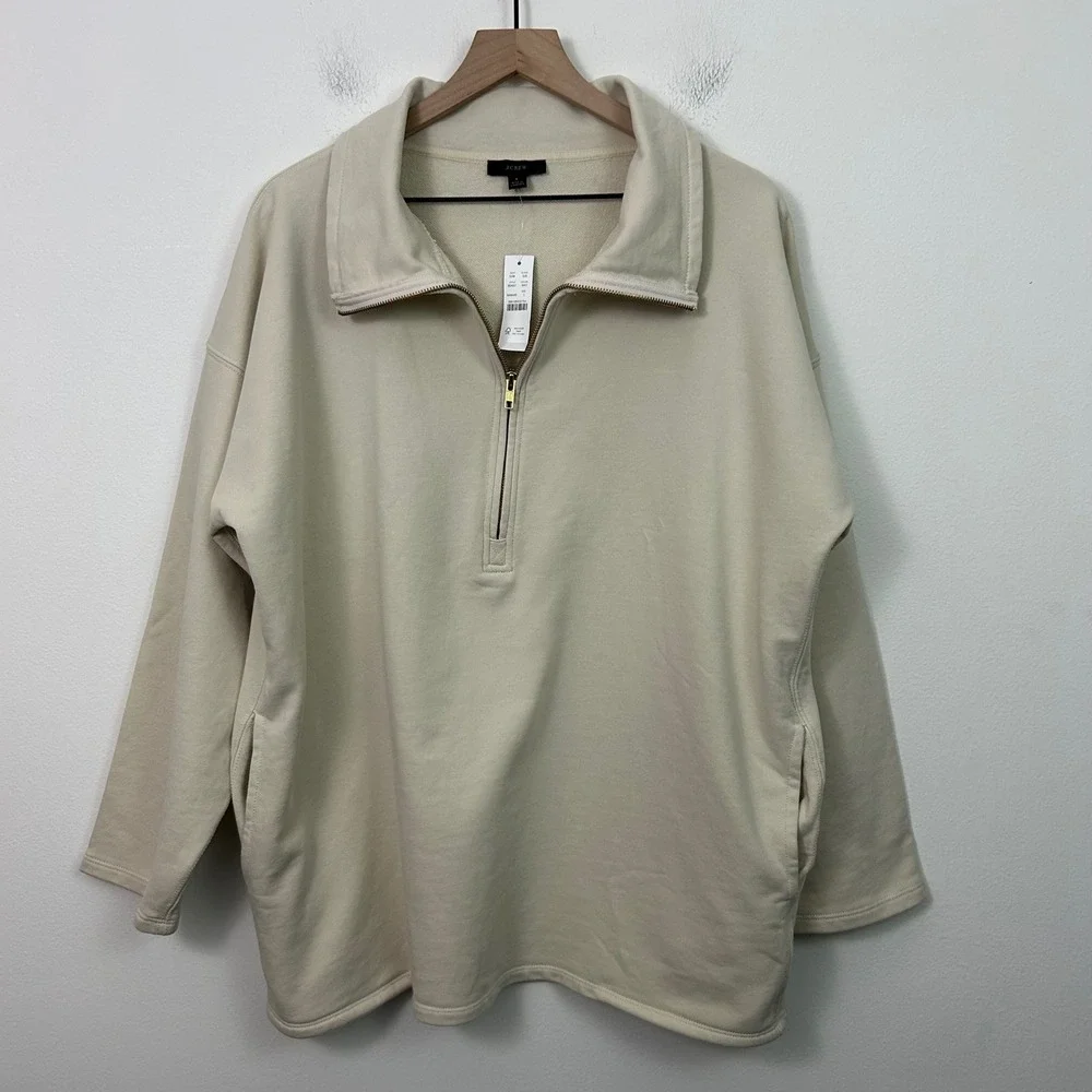 J.Crew Womens University Terry Long Half Zip‎ Tunic Sweatshirt cream Size Large
